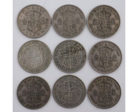 Nine George VI 1/2 crowns. UK P&amp;P Group 1 (£16+VAT for the first lot and £2+VAT for subsequent lots) 