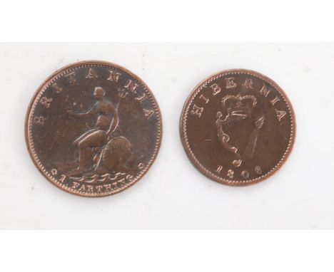 1799 farthing with an 1806 Hibernian farthing of George III - VF. UK P&amp;P Group 0 (£6+VAT for the first lot and £1+VAT for