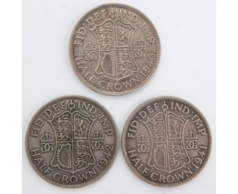 Three silver half crowns of George VI, 1940. 41 &amp; 42. UK P&amp;P Group 0 (£6+VAT for the first lot and £1+VAT for subsequ