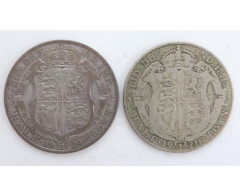 Two silver half crowns of George V, 1921 &amp; 24. UK P&amp;P Group 0 (£6+VAT for the first lot and £1+VAT for subsequent lot
