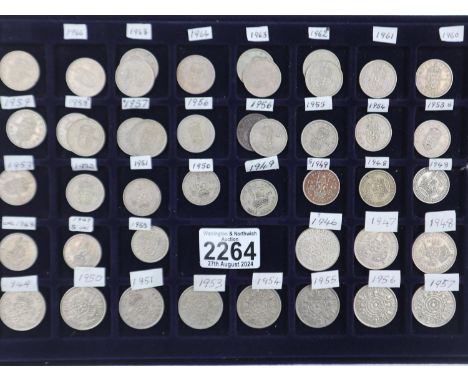 Shilling date-run 1948-66 and florin date-run 1946-57 including UNC examples, some duplicates. UK P&amp;P Group 1 (£16+VAT fo