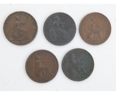 Five early milled copper Farthings - George IV, William IV and Victoria. UK P&amp;P Group 0 (£6+VAT for the first lot and £1+