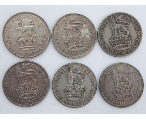 Six silver shillings of George V, 1926-31. UK P&amp;P Group 0 (£6+VAT for the first lot and £1+VAT for subsequent lots) 