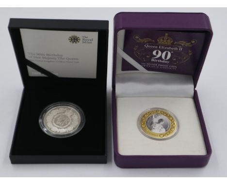 90th Birthday of Elizabeth II silver proof £5, boxed with CoA, with New Zealand 90th Birthday silver proof $1, boxed with CoA