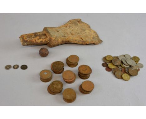 Pike/axe head, musket ball, pre-decimal coinage, and two Roman coins..  
