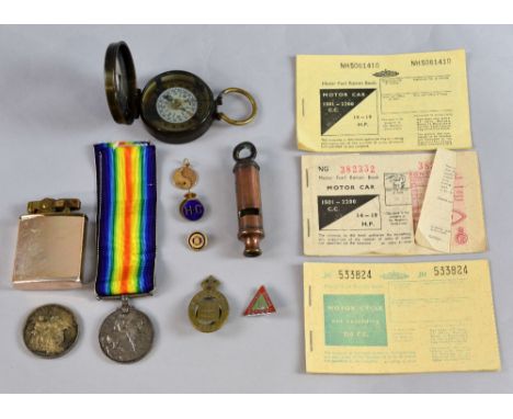 1st World War medal, J Hudson and Co Birmingham 1918 brass whistle, Mordan and co compass, Masonic medal, musical lighter, 9 