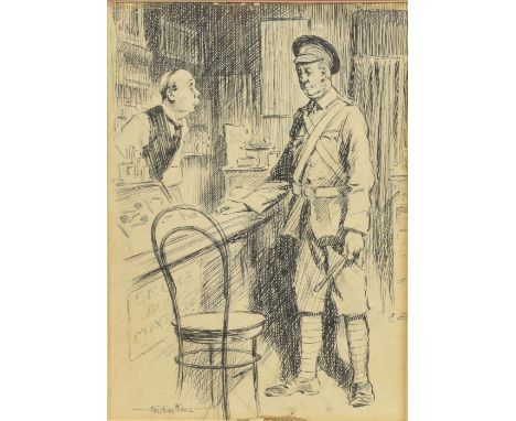 Bertram Prance (1889-1959) pen and ink sketch depicting uniformed Soldier at a shop counter, 26 x 19 cm (52 x 42.5 cm frame)P