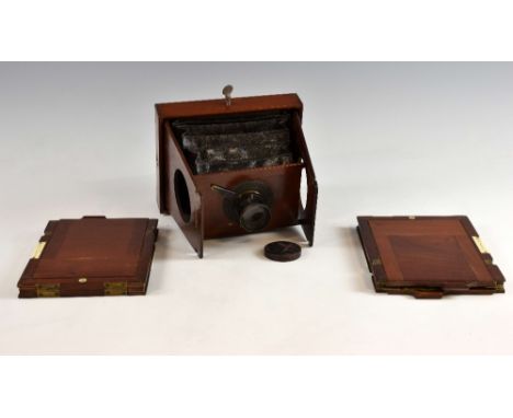 19th century mahogany cased plate camera Eclipse Apparatus n 4102, Newman Street London with 12 plates in leather carrying ca
