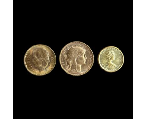3 Goldmünzen- Mexico - 5 Pesos - 1955 M - ss - 4,23 g.- Frankreich - 20 Francs - 1903 - ss - Gold 900 - 6,46 g.- Kanada - 5 D