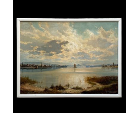 Stadelhofer, Helmut (Konstanz 1914 - 1979 München)"Bodenseelandschaft", Blick auf den Untersee, Richtung Westen mit Reichenau