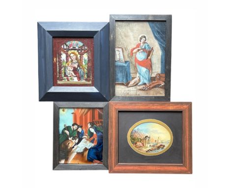 4 Hinterglasbilder (18.Jh./19.Jh./20. Jh.))- "Rheinlandschaft" mit Fischerbooten u. Personen; ovaler Ausschnitt; ca. 14 x 17 