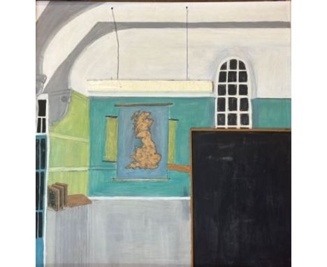 D.Richardson, school room mixed media on board (signed initials bottom left dated 1970) in white painted frame (76cmx76cm)