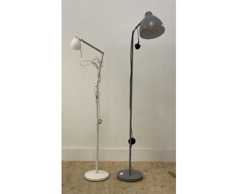 A contemporary aluminium standard lamp with adjustable shade (H150cm) together with a vintage standard lamp. (2)