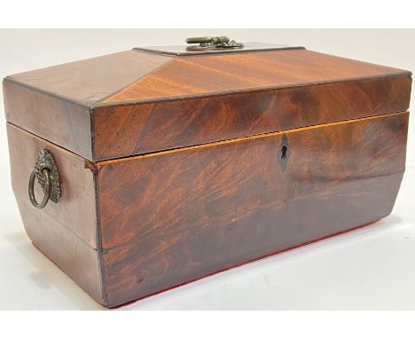 A Regency period boxwood and ebony strung mahogany tea caddy with applied brass side-handles modelled as baskets of fruit (vo