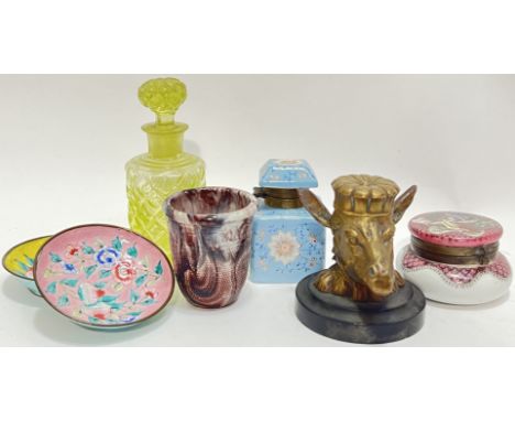 A mixed lot comprising two canton enamel trinket/pin dishes decorated with peaches (w- 8cm), a uranium/vaseline glass bottle 