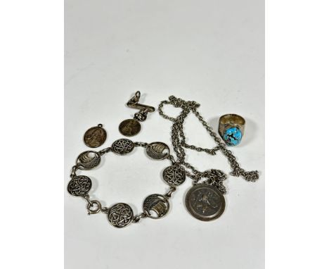A Iona silver Celtic style knot panel and Viking long boat bracelet, a silver St Christopher poendant on trace link chain, si