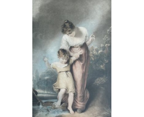 An early 20thc colour mezzotint by Louis Busiere print of a mother and child, in a gilt glazed frame. (60cmx41cm)