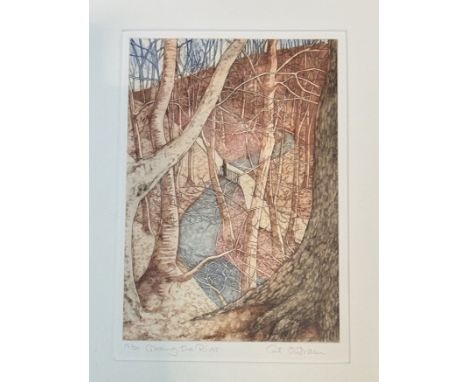 Cat Outrum, Crossing the River print no 15/50, signed and titled pencil, in a gilt glazed frame. (30cmx20cm)