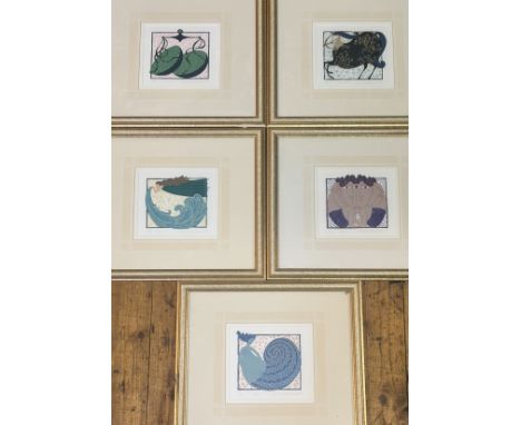 Linda M. Farquharson (Scottish), set of five star sign linocut prints, comprising, Libra 8/20, Virgo 20/20, Gemini 14/20, Sag