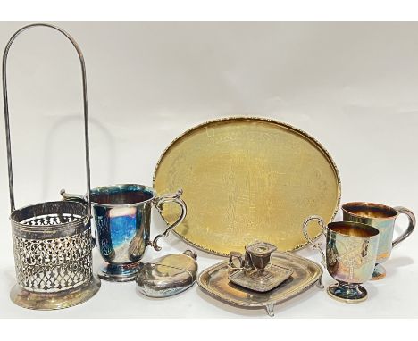 A mixed lot comprising a Chinese brass tray engraved with figures (w- 31cm), and several items of silver plate including a wi