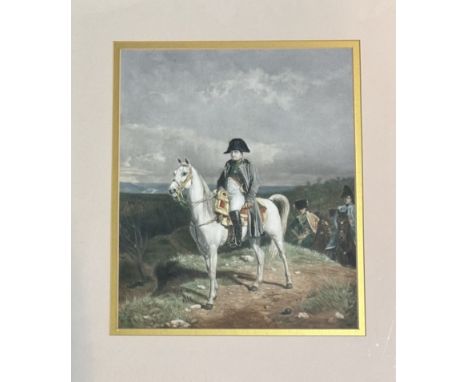 A coloured print of Napoleon Bonaparte 1814 campaign print (after) Meissonier, in a gilt frame. (37cmx31cm)