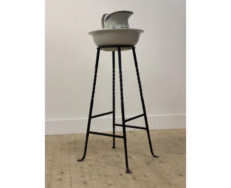 An early 20th century vieux rouen Wedgwood wash jug and basin, raised on a period black painted wrought iron stand, H96cm