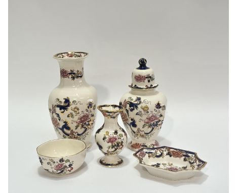 A collection of Mason's Ironstone Mandalay pattern comprising a vase (h-26cm), baluster vase and cover (h-25cm), a small bud 