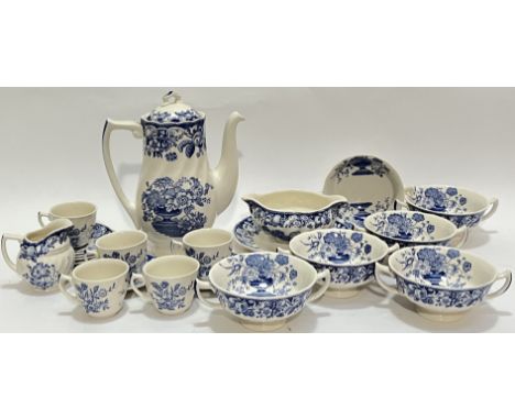 A Royal Doulton blue and white transfer printed 'Pomeroy' pattern china tea/dinner service comprising a coffee pot (h- 24cm),