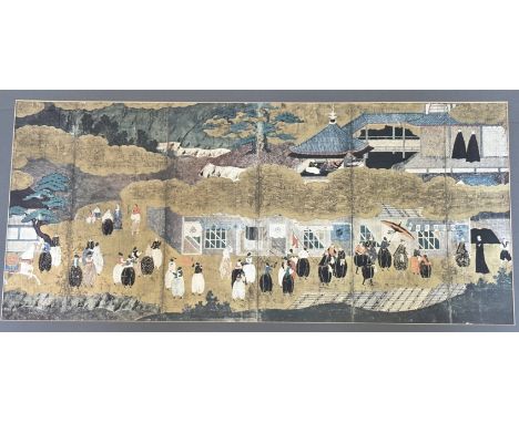 A modern print of a screen print by an Anonymous Japanese Artist, Portuguese visitors arriving in Japan, colours with clouds 