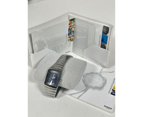 A Swiss Rado Hi Tec Ceramics water and scratch resistant silvered watch with black dial, (D x 3cm) complete with original box