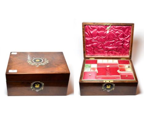 A Victorian walnut work box inlaid with mother-of-pearl