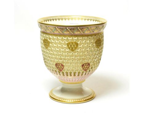 A Royal Worcester reticulated gilt and enamel decorated vase in the manner of George Owen. Date code for 1875, 14cm.  Good co