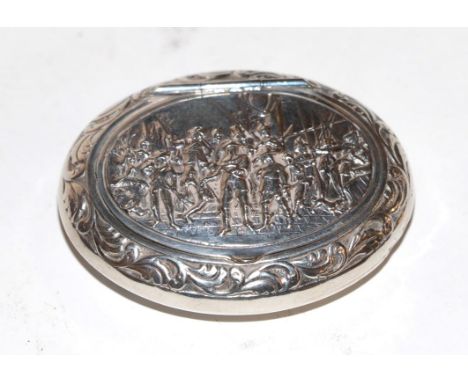 A Dutch silver snuff-box, by de Leeuw den Bouter, Schoonhoven,  probably 1972, oval, the hinged cover stamped with a scene af
