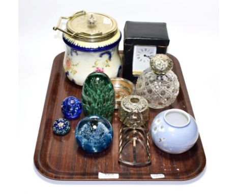 A brass carriage timepiece retailed by T Gibson Poole and West Hartlepool, in fitted case, silver toast rack, dressing table 