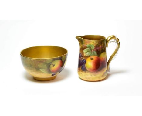 A Royal Worcester fruit painted milk jug, signed T.Lockyer and a Royal Worcester fruit painted bowl, signed W.H.Austin (2).  
