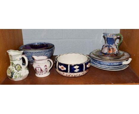 A selection of ceramics including 19th century blue and white plates, a lustre jug, Masons ironstone and Davenport jugs, thre