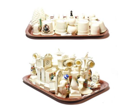 Crested china to include thimbles, cheese dishes, sundials, stick telephones, longcase clocks etc (approximately 43) (on two 