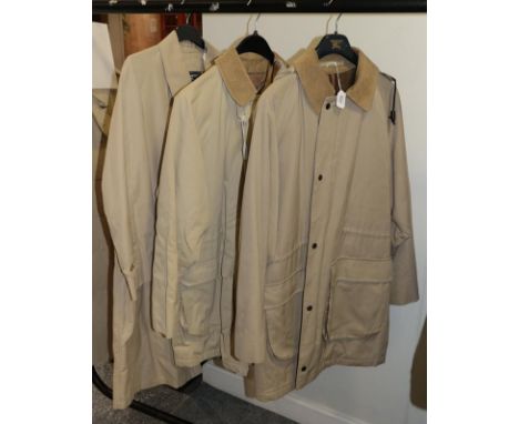 Burberry men's cotton showerproof mac, single breasted, pockets, belt; and an outdoor walking coat, with a zip front and stud