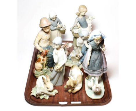 Six Lladro figural and animal theme ceramics, and two others by Casades and Nao (8)