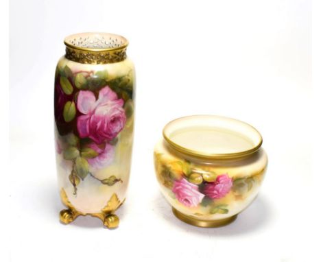 A Royal Worcester rose painted vase signed W H Austin and a Royal Worcester rose painted bowl . Both free from damage and rep