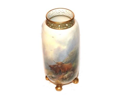 A Royal Worcester gilt painted vase decorated with highland cattle, signed Harry Stinton. Green printed mark, date code for 1