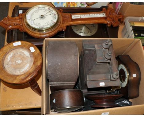 A selection of clocks, including four mantel clocks, oak cased aneroid barometer, carved pedestal musical bowl, carriage time