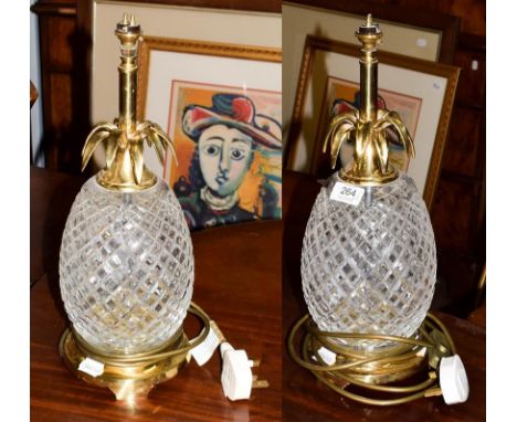 A pair of Waterford crystal pineapple shaped table lamps, acid etched marks, 43cm including furniture.  .  Glass in good cond