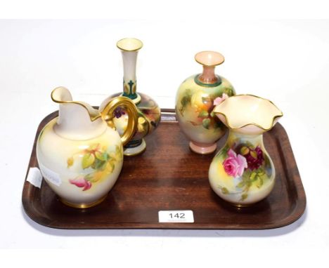 Three Royal Worcester rose decorated items consisting of two vases and a jug, together with a Royal Worcester Hadley ware daf