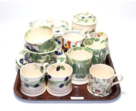 A group of Emma Bridgewater pottery including mugs, cups and saucers, jar and cover, butter box and cover .  Jar with a rim c