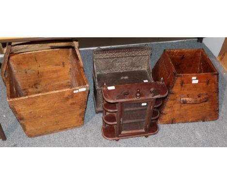 Two French wooden handled buckets, a carved oak small wall hanging cabinet, a modern glazed small wall hanging cabinet, wroug