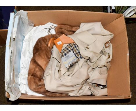Aquascutum coat with checked lining, brown muff, light brown mink jacket, handbag, cotton nightdress, wedding veil, etc 