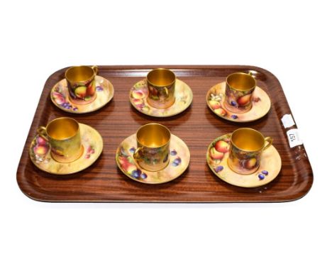 Six Royal Worcester fruit painted coffee cans and saucers, two signed W Hale, two signed A G Moseley, and the other two signe