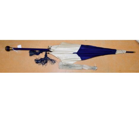 A striking 19th century Moiré silk parasol, divided into cream for the upper and lower sections with a broad band of deep blu