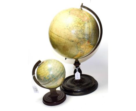 Philips 9'' Terrestial Globe on an ebonised stand, and a Chad Valley tin example (2)